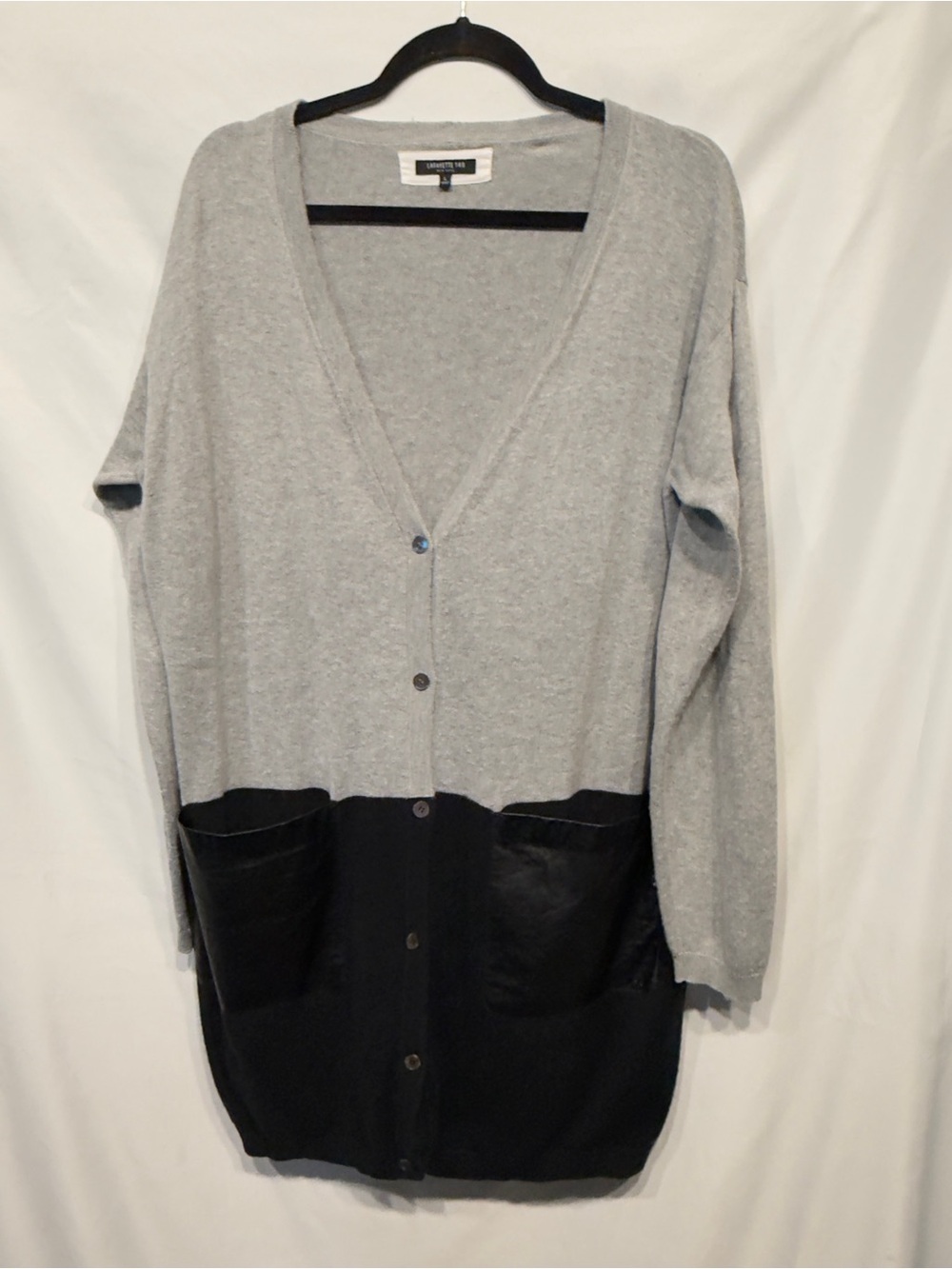 Lafayette 148 black & gray cotton/cashmere cardigan w/faux leather accent, large